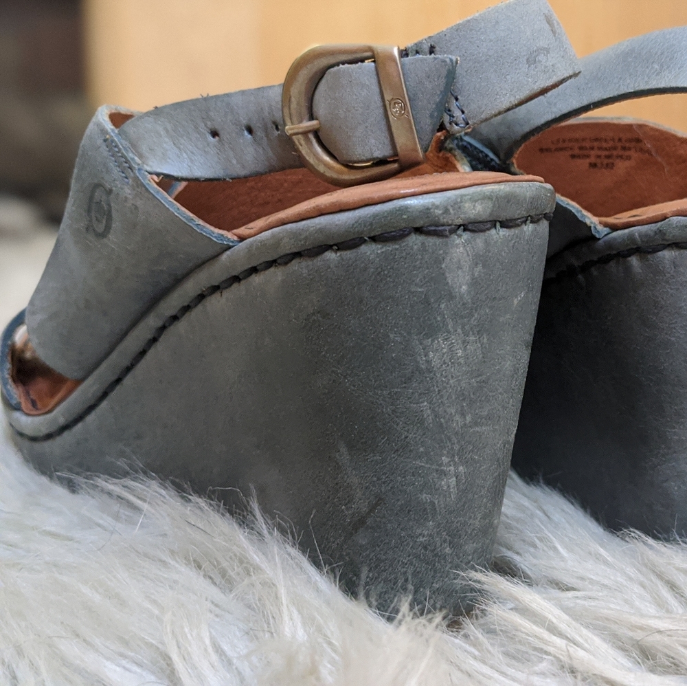 Born lightly worn blue grey leather wedge sandals
